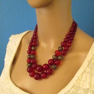 ROBERT ROSE Cranberry Red Antique Gold Bead Necklace ~ VINTAGE Lucite Necklace